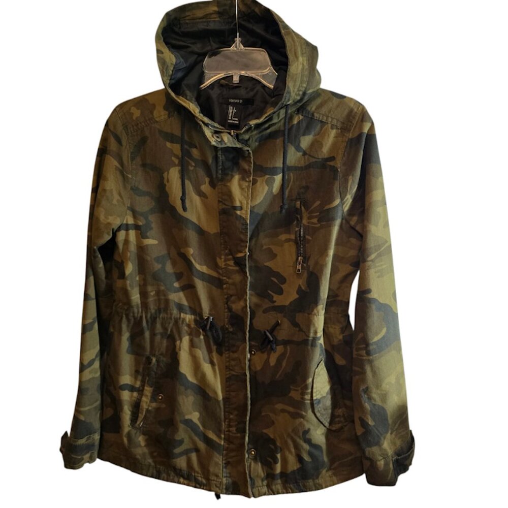 FOREVER 21 COTTON BLEND ANORAK JACKET CAMOUFLAGE PRINT SIZE LARGE ZIP UP
